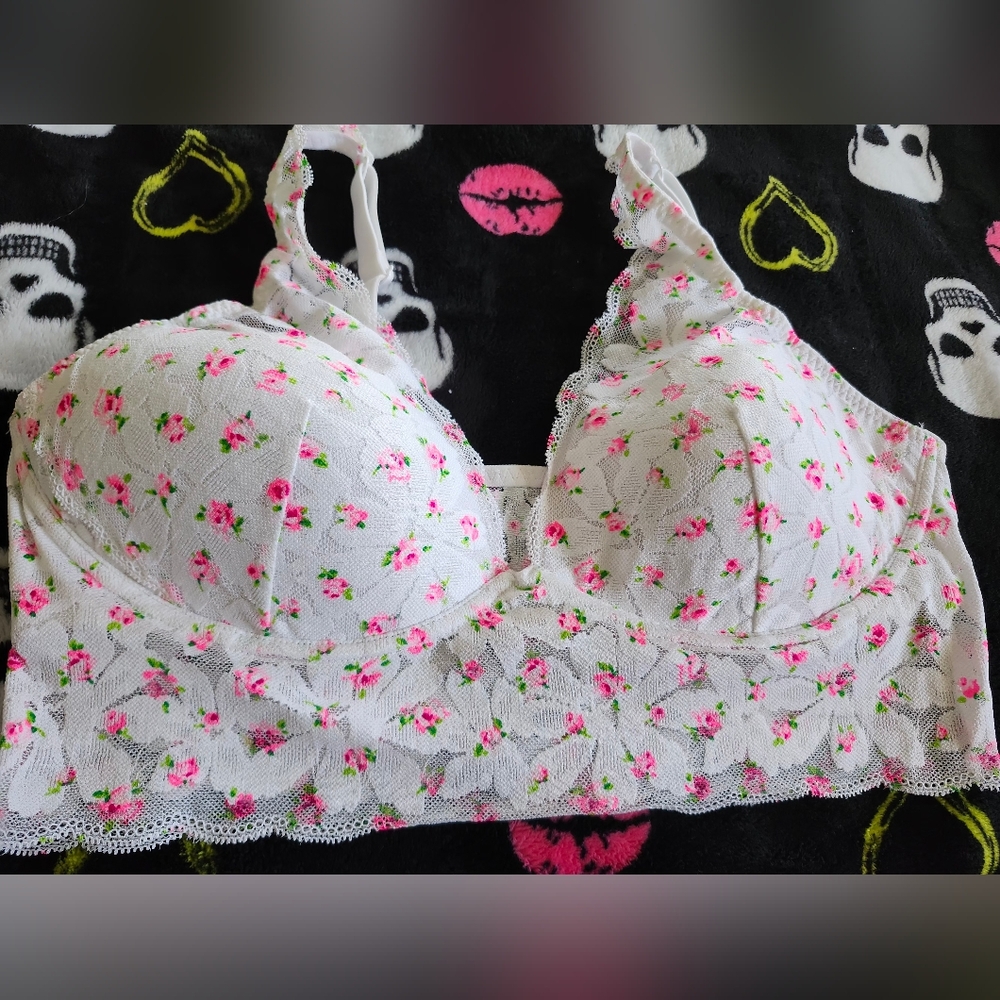 Victoria's Secret White Floral Lace Longline Bra with Pink Rose Print.